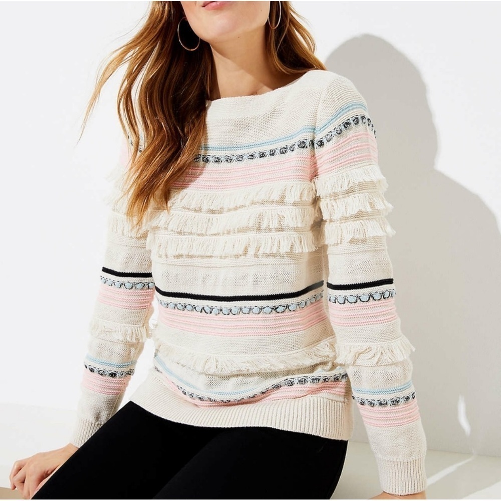 LOFT Cream and Pastel Striped Fringe Size Small Sweater